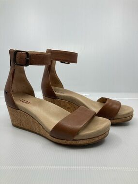 UGG Women's Tan Leather Cork Wedge Sandals with Ankle Strap